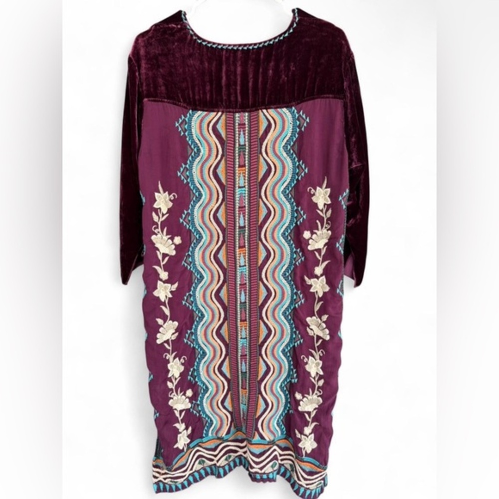Women's Johnny Was Yucatan Embroidered Back Velvet Tunic Dress Medium Boho Chic